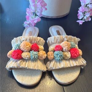 Louise et Cie Raffia Pom Pom Beige Slide Sandals with Gold Logo Size 5.5